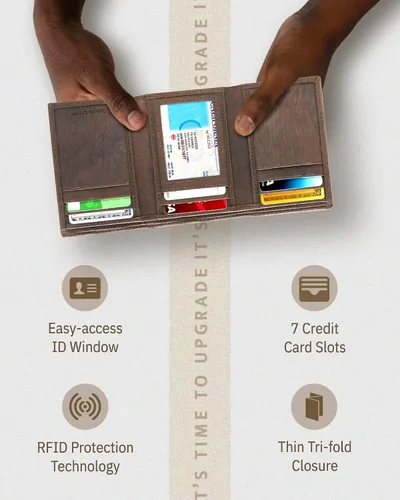 Miniatura 45 de Billetera de triple pliegue con RFID, cuero genuino, delgado, con ventana de identificación, bolsillo frontal, regalo para hombre