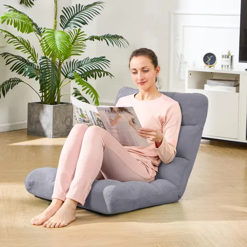 Miniatura 2 de Silla de suelo plegable Avocahom para juegos con 14 posiciones, silla de sofá perezoso ajustable con cojín, con algodón transpirable y coral de Gris
