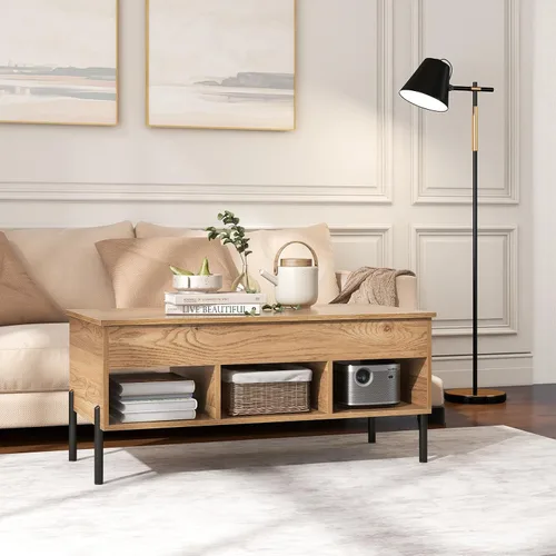 Miniatura 9 de GOFLAME Mesa de centro elevable con almacenamiento, mesa de centro cuadrada con compartimento oculto, 3 estantes de almacenamiento, mesa central