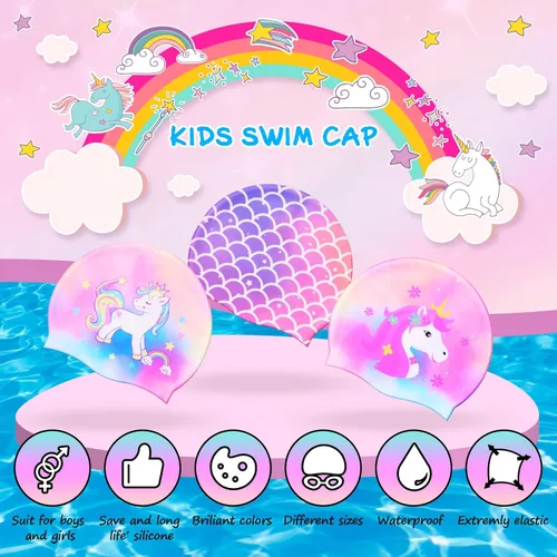 Miniatura 3 de Syhood Gorras de natación para niños, 3 unidades, impermeables, gorro de natación de dibujos animados para cabello largo y corto, para niños y niñas