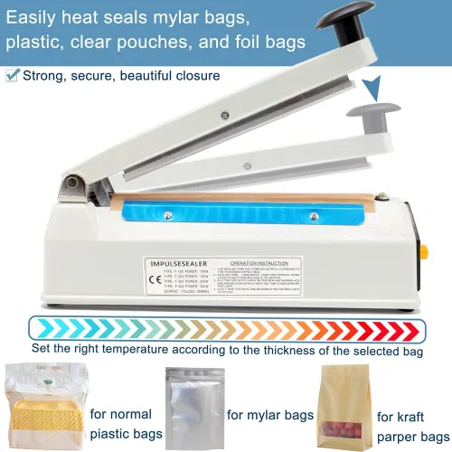 Miniatura 4 de Sellador térmico por impulso, sellador de bolsas Mylar de 8 pulgadas, sellador térmico para bolsas de plástico, carcasa de hierro de metal, sellador