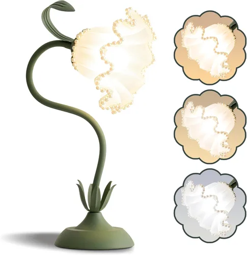 Flower Table Lamp Bedside Lamps LED Reading Light,3 Color Modes Cute Small Lamp,Vintage Flower Lamp Kawaii Table Lamp for Bedroom Living Room Office