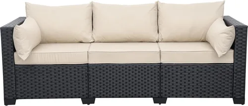 Miniatura 6 de Rattaner Muebles de patio, sofá de mimbre de 3 asientos, muebles de exterior, sofá de exterior, asiento profundo, respaldo alto, funda impermeable