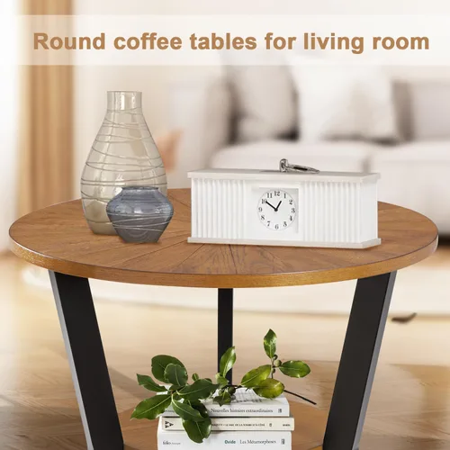 Miniatura 4 de Mesa auxiliar, mesa auxiliar redonda de madera para sala de estar con mesa de 2 niveles con estante de almacenamiento, diseño de soporte triangular