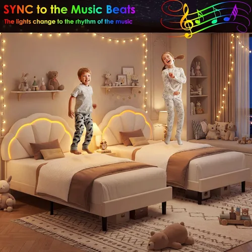 Miniatura 3 de HIFIT Marco de cama LED inteligente tapizado individual con cabecera ajustable de pétalos elegantes, marcos de cama de plataforma tamaño individual