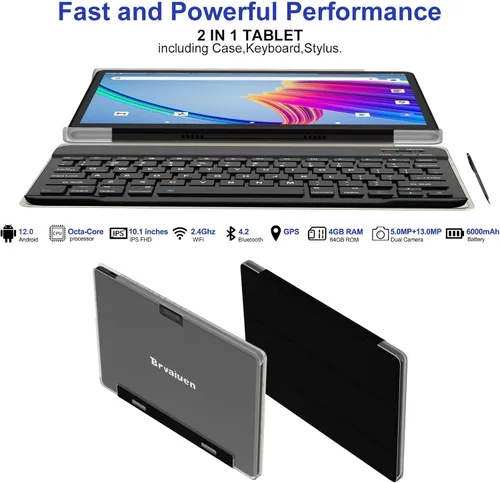 Miniatura 6 de 2025 Android 12 Tablets 10.1 Octa-Core 2 en 1 Tablet 64 GB + 512 GB Expandir incluye funda, teclado, lápiz capacitivo, cámara dual 13+5, pantalla