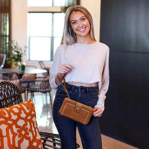 Miniatura 7 de S-ZONE Cartera cruzada para teléfono celular, cartera de pulsera para mujer, con bloqueo RFID, con 2 correas