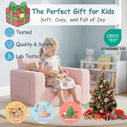 Miniatura 6 de Tiita Sillón Sofá para Niños, Sillas Sofá Cómodas Plegables para Niños Pequeños, Sofás de Felpa 2 en 1 Desplegables para Niños, Silla con Rosa