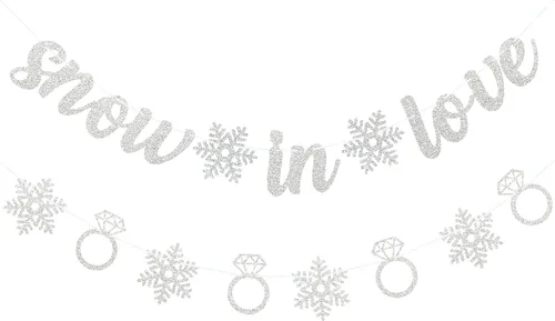 VILIFEVER 2 carteles de nieve enamorados, decoración de despedida de soltera, guirnalda de anillo de copo de nieve plateado con purpurina para