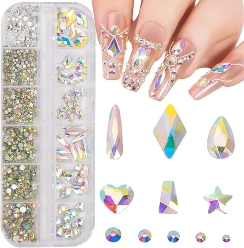 Miniatura 7 de Kit de diamantes de imitación de cristal 3D rosa claro multiformas para uñas, mezcla de 0.031 in, cuentas redondas plateadas para uñas, gemas