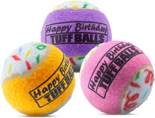 Miniatura 2 de PetSport Jr. Happy Birthday Tuff Ball - Juguetes para perros Paquete de 4 pelotas de tenis pequeñas (1.8 pulgadas) seguras para mascotas y goma