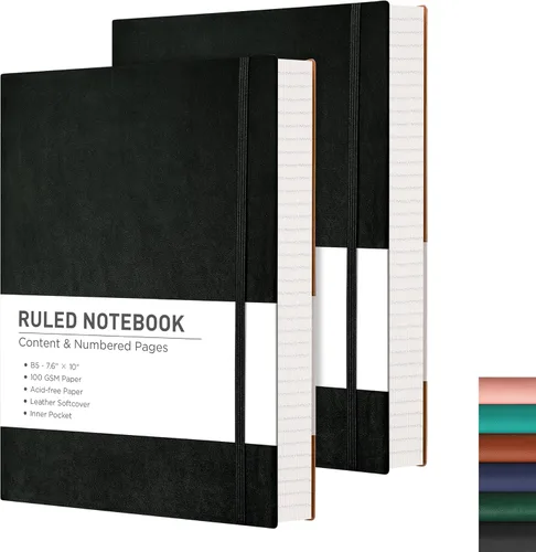 Miniatura 11 de RETTACY Cuaderno rayado, 2 paquetes, 204 páginas numeradas por paquete, B5 mediano 17.6 x 25 cm, tapa blanda de cuero, papel grueso de 100 g/m²
