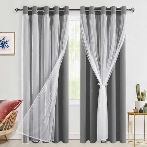 Miniatura 102 de Hiasan Cortinas opacas con superposición transparente, aislamiento térmico para mezclar y combinar de doble capa, cortinas de oscurecimiento de Beige