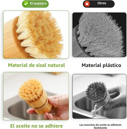 Miniatura 3 de SUBEKYU Cepillo de bambú para fregadero de cocina, cepillo de madera natural con cerdas de sisal para limpieza del hogar, ollas de hierro fundido