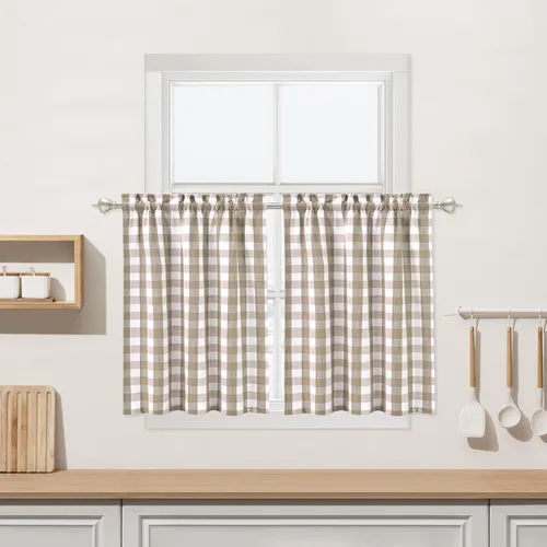 Miniatura 25 de Cortinas de Cocina Estilo Granja de Cuadros Vichy Blanco y Negro de 24 Pulgadas de Largo, Cortinas de Café de Media Ventana de Cuadros Buffalo