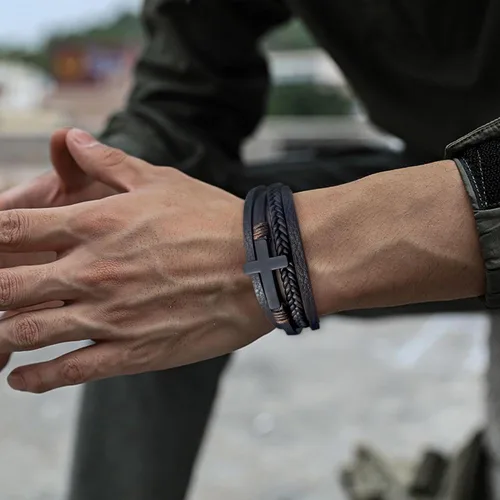 Miniatura 4 de Pulsera de cuero para hombre con cruz de fe trenzada de múltiples capas, pulsera religiosa para hombres y mujeres
