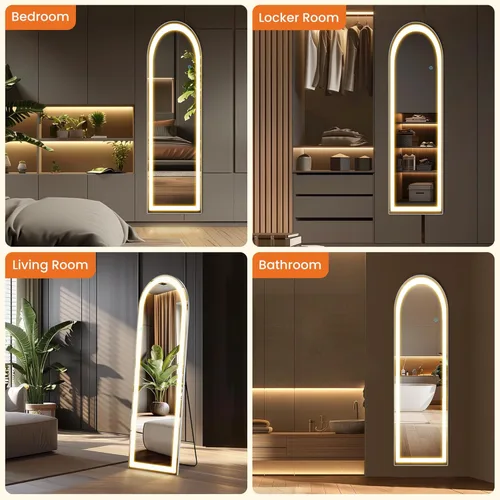 Miniatura 7 de Espejo arqueado de cuerpo entero con luces LED, espejo de piso de 60"x16" con soporte, espejos corporales de piso con atenuación e iluminación de 3
