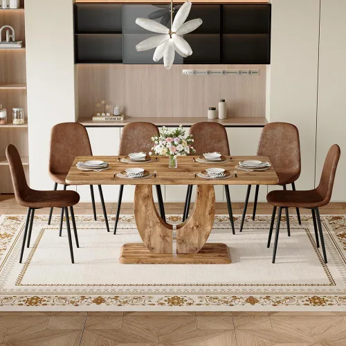 Miniatura 21 de Juego de mesa de comedor moderno para 4, mesa de cocina de madera de 63 pulgadas con 4 sillas tapizadas de gamuza de tela, estilo granja con parte