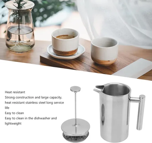 Miniatura 5 de Prensa de café aislada de acero inoxidable con pantallas, cafetera de prensa francesa, apta para lavavajillas, tetera de doble pared hecha a mano