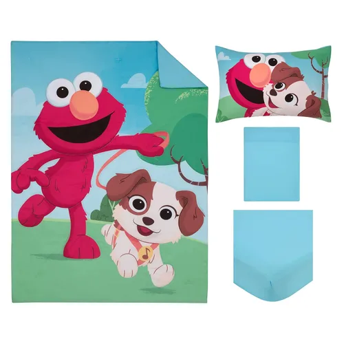 Miniatura 8 de Sesame Street Furry Friends - Juego de ropa de cama infantil de 4 piezas con diseño de elmo y cachorro azul, verde y rojo – edredón, sábana bajera