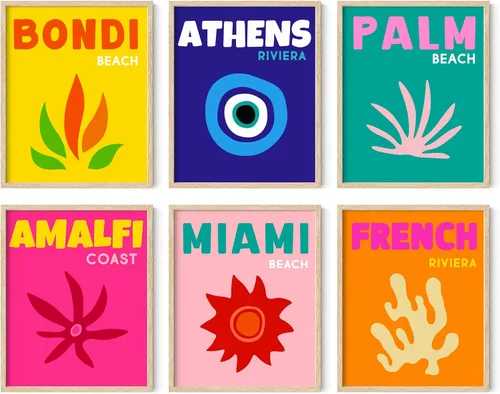 HAUS AND HUES Arte de pared de viaje colorido - Juego de 6 impresiones enmarcadas, decoración de habitación preppy de moda, pósteres de viaje Viajes