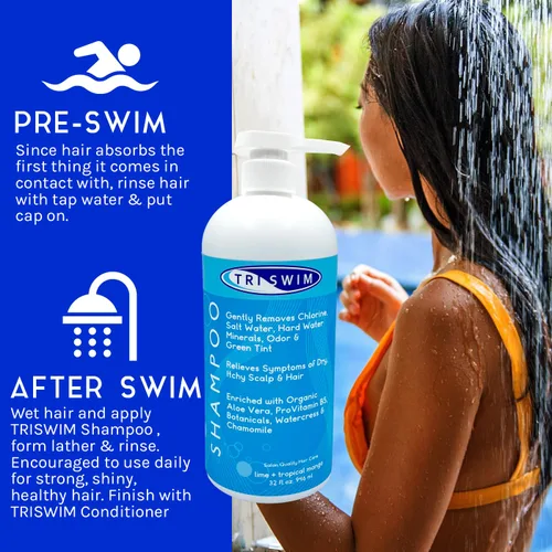 Miniatura 2 de TRISWIM Champú eliminador de cloro de 32 onzas Elimina cloro, bromo, minerales de agua dura y agua salada Hidrata y restaura el cabello Seguro