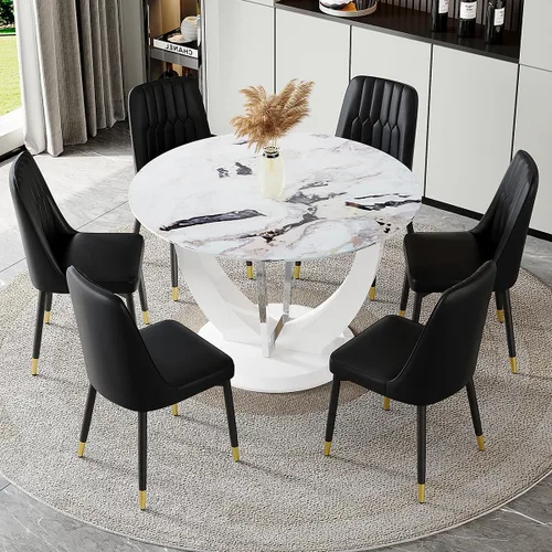 Miniatura 32 de JUFU Juego de mesa de comedor redonda para 4, mesa de comedor de 48 pulgadas con mesa de mármol sintético y 4 sillas tapizadas, moderno juego