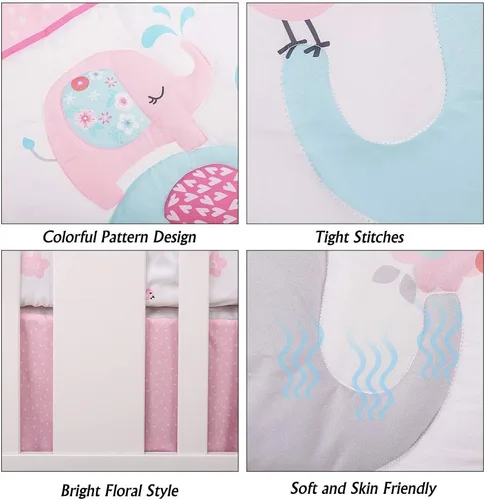 Miniatura 6 de Luxanna Juego de ropa de cama para cuna, 3 piezas, diseño de elefante rosa, con edredón para bebé, sábana bajera para cuna, falda de cuna para niñas