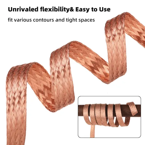 Miniatura 4 de Cable trenzado de cobre plano de 10 pies, correa de tierra de cobre trenzada de 1/2 pulgada, malla de alambre de blindaje espiral flexible desnudo
