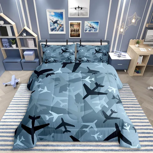 Homewish Juego de edredón de avión de camuflaje tamaño individual, juego de ropa de cama con patrón de avión de dibujos animados de 2 piezas para