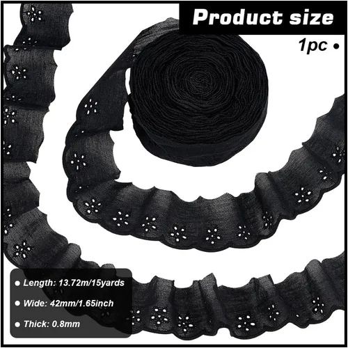 Miniatura 2 de FINGERINSPIRE Cinta de encaje de algodón de 15 yardas, 1-5/8 pulgadas, color negro, con ojales, bordado floral, ribete de encaje, borde ondulado