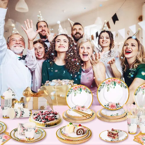 Miniatura 7 de Juego de 350 platos de papel floral, platos desechables con borde dorado para 50 invitados, suministros de fiesta para adultos, jardín, fiesta