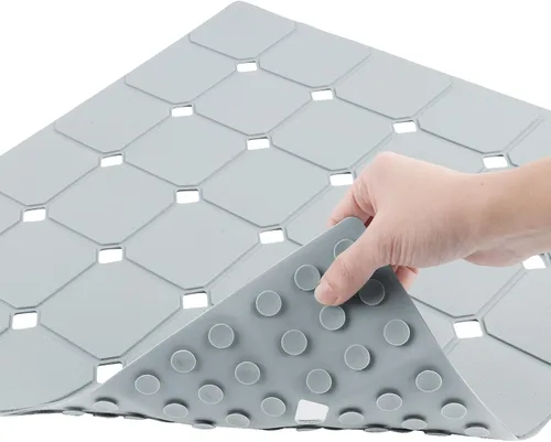 Miniatura 8 de Tapete de ducha antideslizante de 21 x 21 pulgadas, de silicona, plegable, con ventosas y agujeros de drenaje, inodoro, ecológico y duradero, Beige