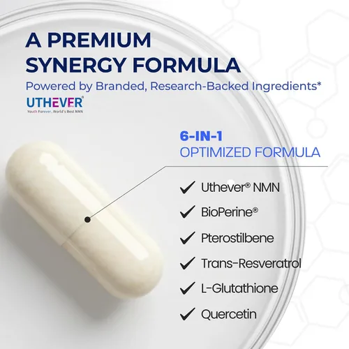 Miniatura 4 de BONE SCIENCE Uthever NMN & Pterostilbene Complejo 6 en 1 con resveratrol, glutatión y bioperina, precursor estabilizado de NAD+ de alta pureza