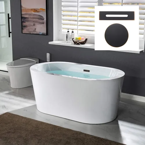 WOODBRIDGE Bañera de acrílico independiente de 56 pulgadas, bañera blanca de remojo contemporánea con desbordamiento y drenaje de bronce aceitado,