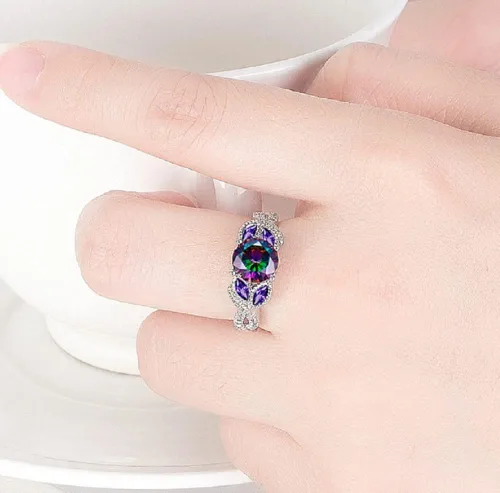 Miniatura 3 de Awmnjtmgpw - Anillo de compromiso de plata de ley 925 con topacio arcoíris para mujer, anillo de compromiso con diamantes de corte princesa, anillo