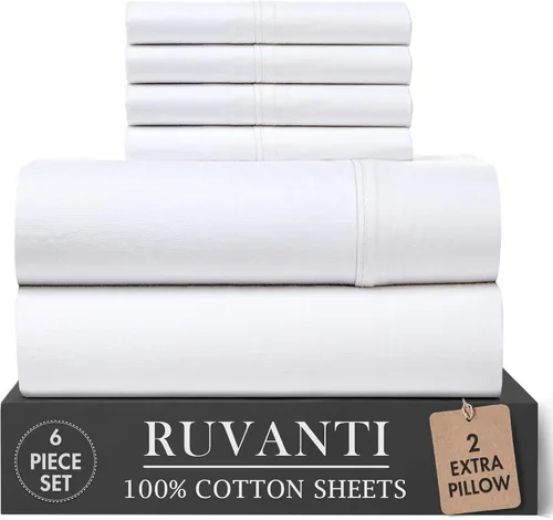 Miniatura 31 de RUVANTI 6 Piezas Sábanas de Algodón - 100% Algodón Natural Suave, Ligeras y Transpirables Sábanas de Percal Crujiente, Sábanas de Cama Tamaño Full