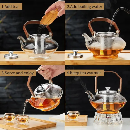 Miniatura 6 de UNBREAKABLE -Tetera de vidrio de 46 onzas con infusor y tapa de acero inoxidable, resistente al calor de vidrio de borosilicato para estufa