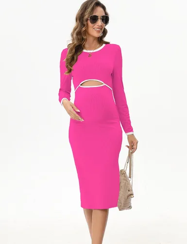Miniatura 4 de FUNJULY Vestido de maternidad de manga larga para mujer, estilo casual, cuello redondo, recortado, de punto acanalado, ajustado, vestido de tubo