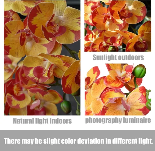 Miniatura 4 de Ohmywor Flores artificiales de orquídea naranja, arreglos de falaenopsis falsas, flores de orquídea de otoño con maceta blanca de 18.9 pulgadas