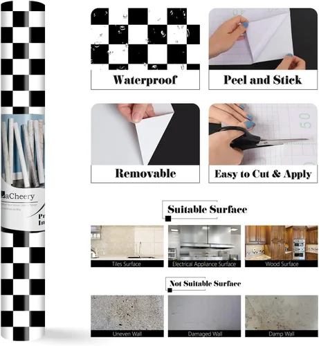 Miniatura 7 de LACHEERY Papel de contacto blanco y negro de 15.8 x 276 pulgadas, papel tapiz grueso a cuadros para despegar y pegar, papel tapiz autoadhesivo