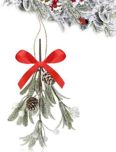 Miniatura 13 de Giegxin 1 pieza Adorno de Navidad Artificial de Muérdago Colgante con Lazo Rojo Bouquet de Adornos Colgantes de Navidad Floral con Piñas Naturales