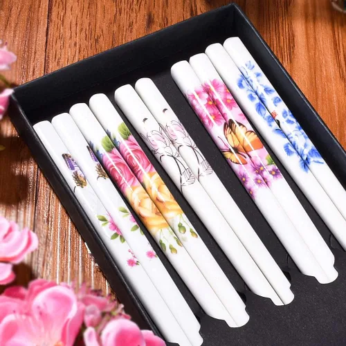 Miniatura 2 de 5 pares de palillos de porcelana, palillos de hueso de alta calidad de 9.5 pulgadas, reutilizables, aptos para lavavajillas