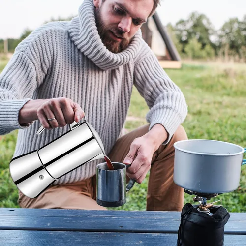 Miniatura 9 de Sin revestimiento 4 tazas de acero inoxidable 304 espesado Moka Pot Estufa Cafetera de café italiano 6.8 fl oz 6.8oz Adecuado para estufa