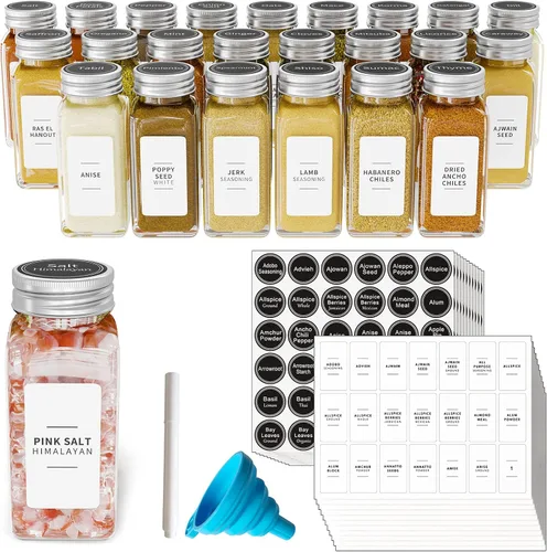 SpaceAid 24 tarros de especias con etiquetas, botellas vacías de vidrio de 4 onzas, etiquetas de especias minimalistas con embudo, recipientes de