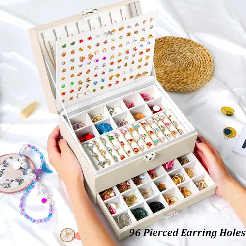 Miniatura 114 de Joyero de pendientes para mujeres y niñas, organizador de aretes de 5 capas, caja organizadora de joyas blanca con candado, collares y aretes