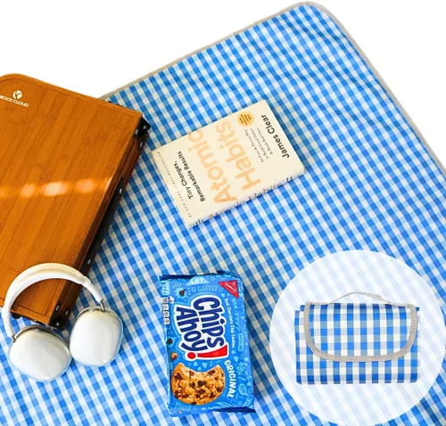 Miniatura 9 de Bonita manta de picnic a cuadros, impermeable y plegable, en tamaño grande 80x60 pulgadas y extragrande 80x80 pulgadas, manta de playa portátil Negro