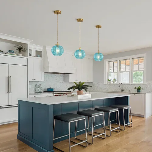Miniatura 7 de Lámpara colgante vintage de 7.9 pulgadas, 1 luz, luces colgantes para isla de cocina con vidrio soplado a mano de cobre azul, pequeña lámpara
