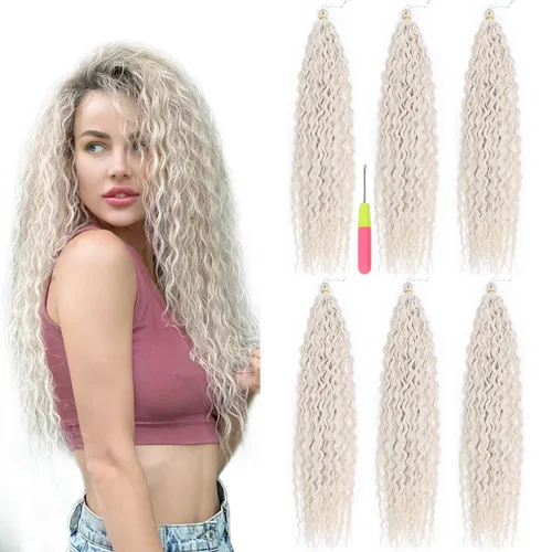Miniatura 18 de MAYSA Extensiones de cabello sintético de ganchillo con ondas oceánicas, color 4 marrón, 22 pulgadas, rizado trenzado, extensiones de cabello
