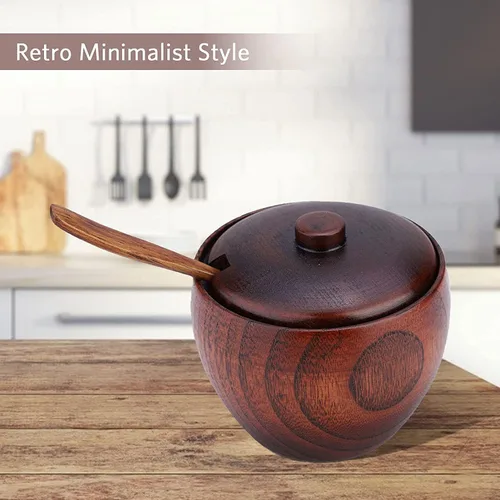 Miniatura 3 de Caja de sal de madera maciza para condimentos, contenedor de almacenamiento con cuchara y tapa, azucarero de cocina redondo para especias para sal